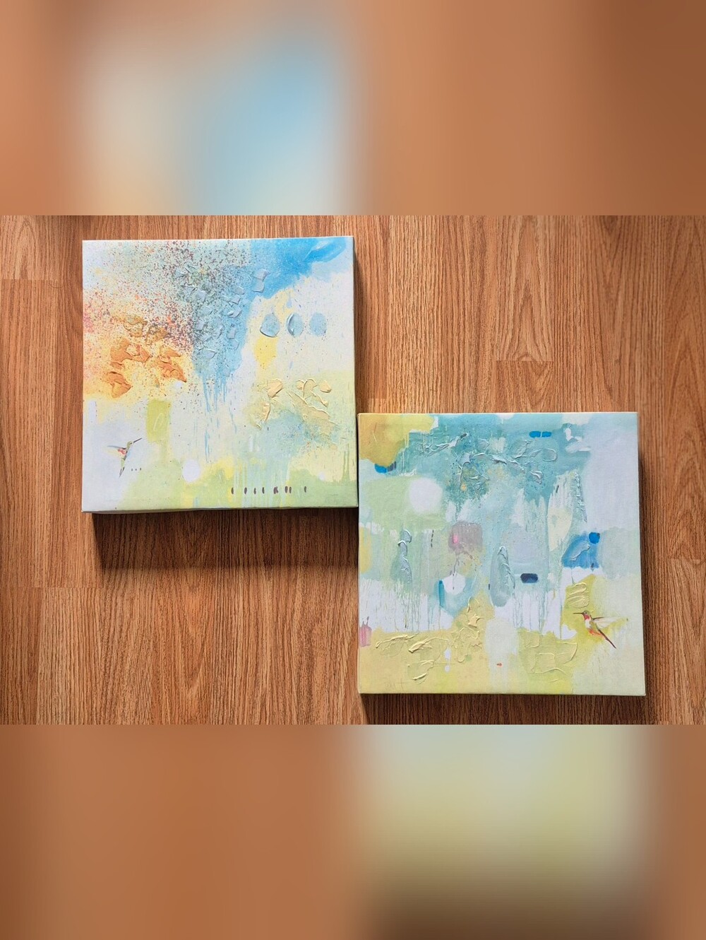 Set of 2 Abstract Canvas Paintings in Blue, Yellow & Cream